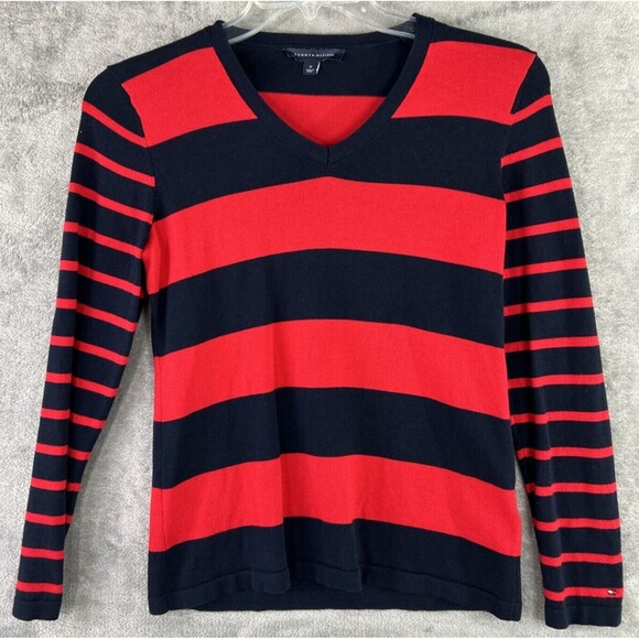 Tommy Hilfiger Women's Medium Red Blue Stripes Rugby Pullover Sweater Preppy - Picture 1 of 8